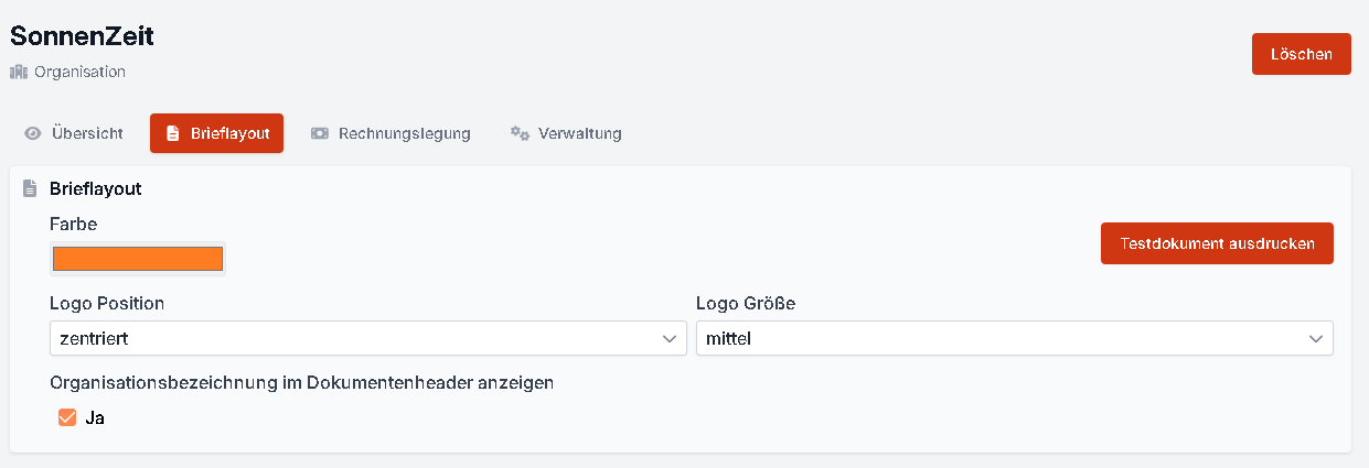 Der Menüpunkt Brieflayout im Bearbeitungsformular einer Organisation