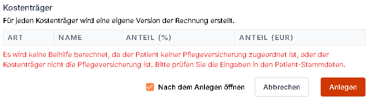 Fehlermeldung bei der Rechnungsstellung