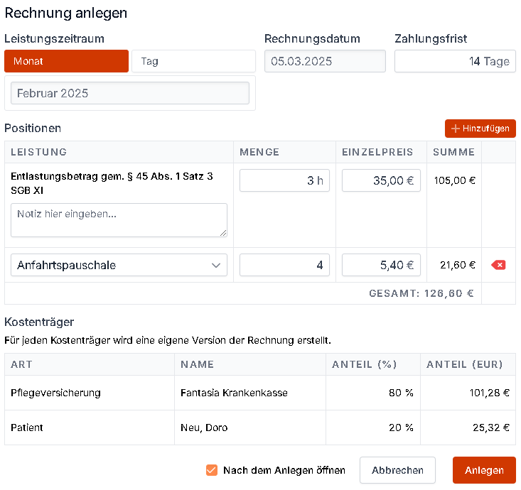 Formular zum Erstellen einer Rechnung