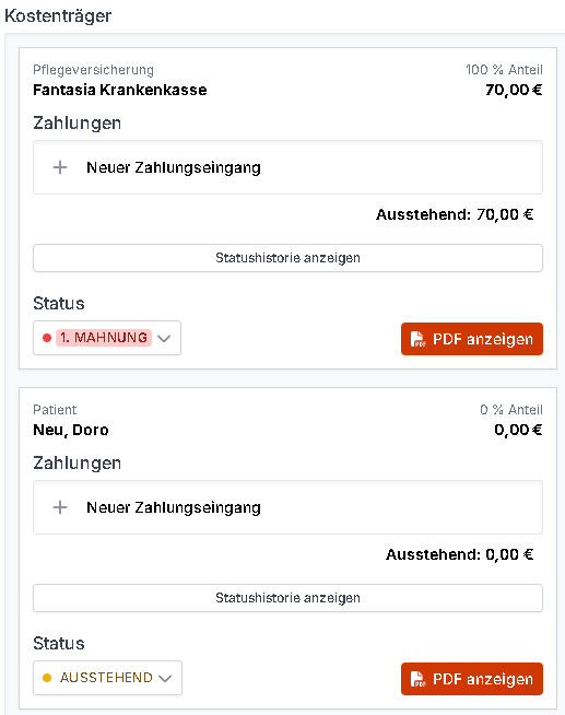 Ansicht des Segments Kostenträger