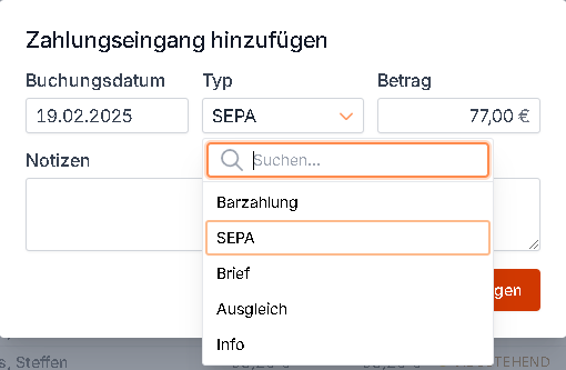 Einen Zahlungseingang hinzufügen